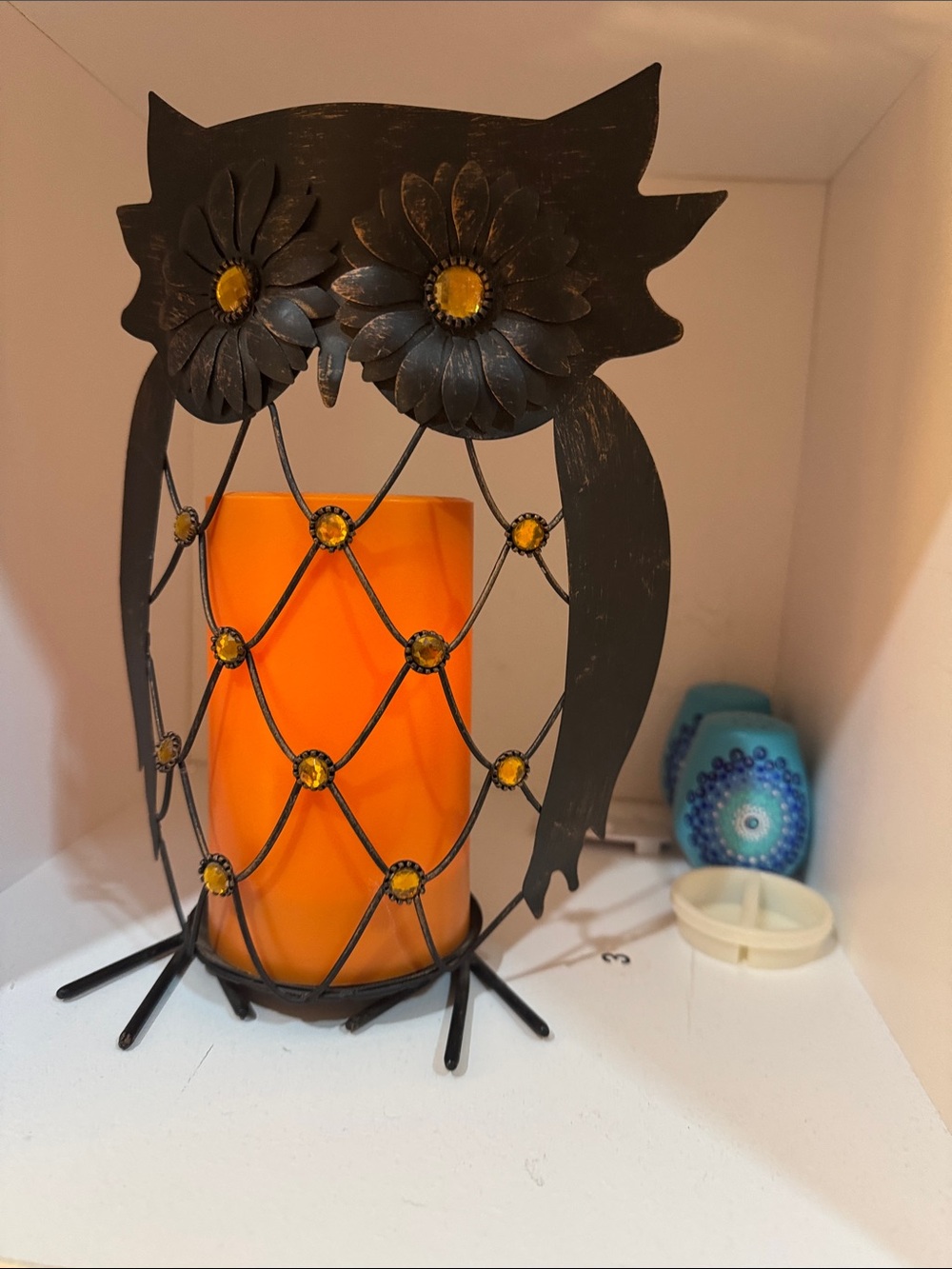 Black Metal Owl Candle Holder with Terra-Cotta LED Candle